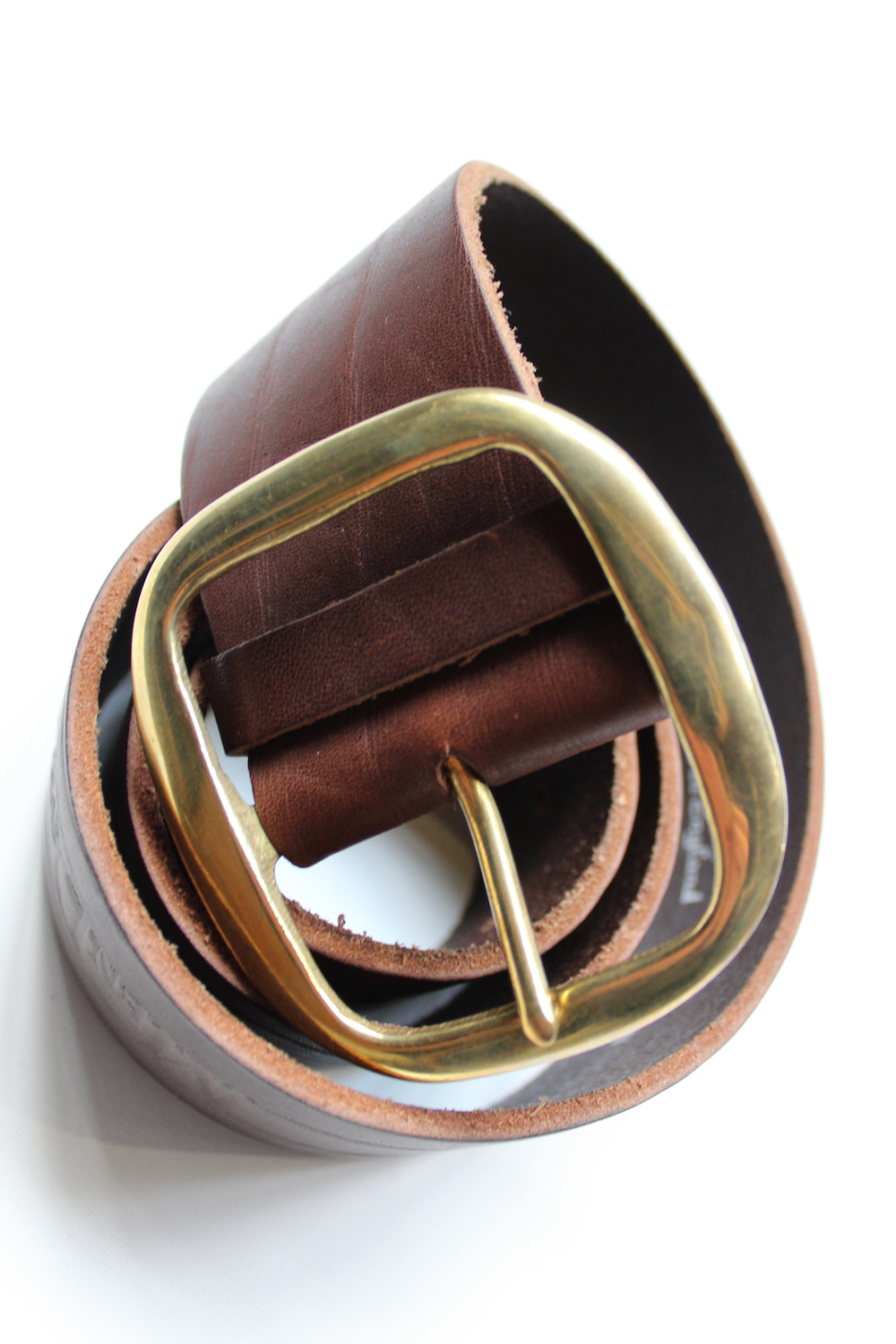 Brown leather belt w/ gold oval buckle Mendoza Menswear